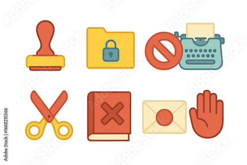 Censorship Tools Icons. Flat vector mini-illustrations censorship tools in colors children's illustrations: