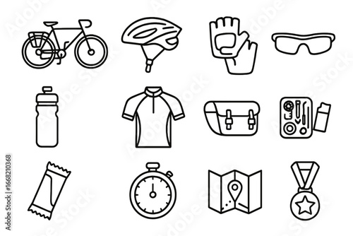 Cycling Gear Icons. Outline icon set of endurance cycling event: touring bike, helmet, gloves, sunglasses,