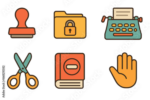 Censorship Tools Icons. Flat vector mini-illustrations censorship tools in colors children's illustrations: