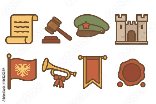 Authoritarian Symbols Grid. Flat vector mini-illustrations historical authoritarianism in colors children's