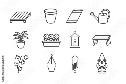 Deck Garden Icons. Outline icon set of deck garden decoration: wooden deck, ceramic pot, outdoor rug, watering