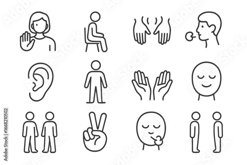 De-escalation Icon Set. Outline icon set of de-escalation techniques: calm gesture, sit down icon, slow hands,