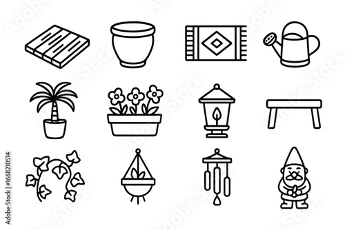 Deck Garden Icons. Outline icon set of deck garden decoration: wooden deck, ceramic pot, outdoor rug, watering