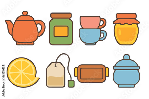 Children's Tea Station. Flat vector mini-illustrations tea station in colors children's illustrations: teapot,