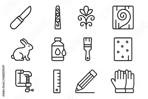 Decorative Stick Carving Icons. Outline icon set of decorative stick carving: carving knife, ornate stick,