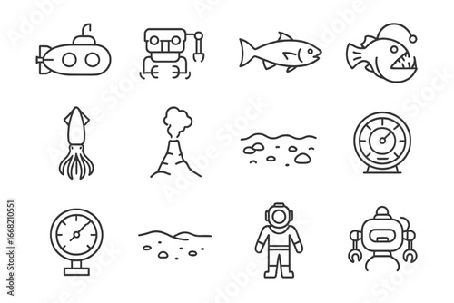 Deep Sea Icons. Outline icon set of deep sea exploration: submarine, remotely operated vehicle, deep-sea fish,