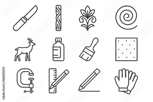 Decorative Stick Carving Icons. Outline icon set of decorative stick carving: carving knife, ornate stick,