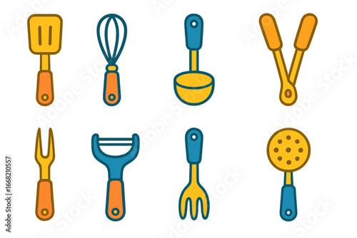Colorful Utensil Icons. Flat vector mini-illustrations utensil organization in colors children's illustrations