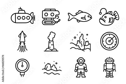 Deep Sea Icons. Outline icon set of deep sea exploration: submarine, remotely operated vehicle, deep-sea fish,