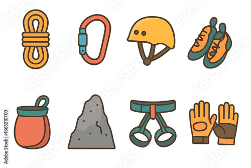 Children's Climbing Icons. Flat vector mini-illustrations rock climbing adventure in colors children's