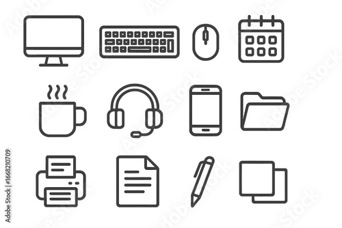 Desktop Multitasking Icons. Outline icon set of multitasking on desktop: monitor, keyboard, mouse, calendar,