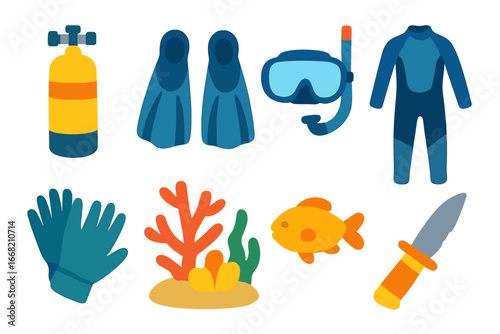 Children's Scuba Gear Icons. Flat vector mini-illustrations scuba diving in colors children's illustrations: