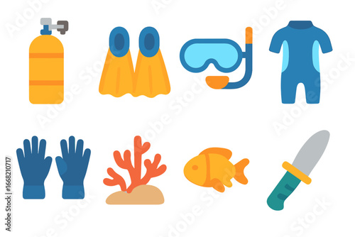 Children's Scuba Gear Icons. Flat vector mini-illustrations scuba diving in colors children's illustrations: