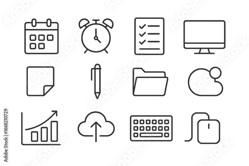 Desktop Scheduling Icons. Outline icon set of content scheduling on desktop: calendar page, alarm clock, to-do