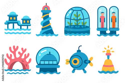 Futuristic Marine Architecture Icons. Flat vector mini-illustrations futuristic marine architecture in colors