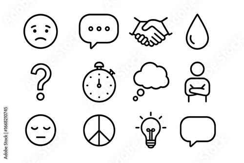 Difficult Conversations Icons. Outline icon set of Difficult conversations: frowning face, speech bubble with