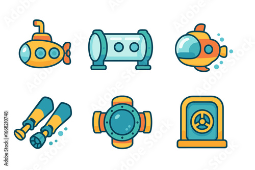 Underwater Transport Icons. Flat vector mini-illustrations underwater transportation in colors children's