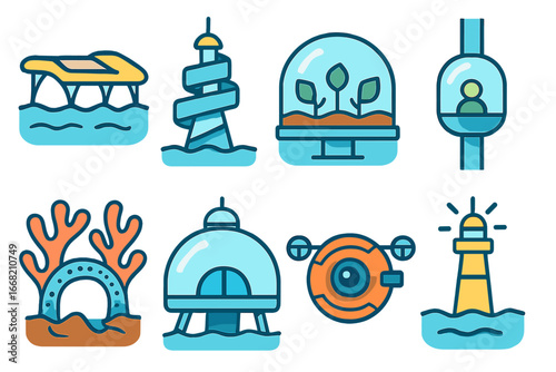 Futuristic Marine Architecture Icons. Flat vector mini-illustrations futuristic marine architecture in colors