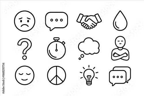 Difficult Conversations Icons. Outline icon set of Difficult conversations: frowning face, speech bubble with