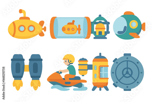 Underwater Transport Icons. Flat vector mini-illustrations underwater transportation in colors children's