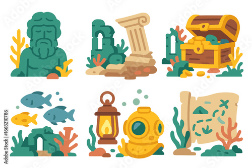 Underwater Adventure Icons. Flat vector mini-illustrations sunken city exploration in colors children's