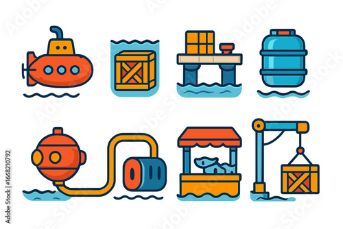 Ocean Trade Icons. Flat vector mini-illustrations oceanic trade hubs in colors children's illustrations: cargo