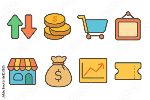 Market Icons for Kids. Flat vector mini-illustrations market price changes in colors children's illustrations: