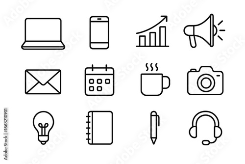 Digital Marketing Icons. Outline icon set of digital marketing at home: laptop, smartphone, chart, megaphone,