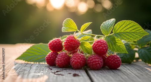 Fresh raspberries with green leaves on a rustic wooden surface create a vibrant and natural still