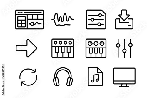 Digital Recording Icons. Outline icon set of digital recording workflow: DAW software, waveform layers, track