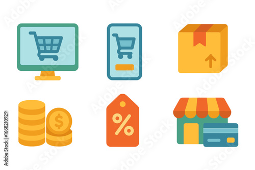 Kids' Marketplace Icons. Flat vector mini-illustrations online marketplace in colors children's illustrations: