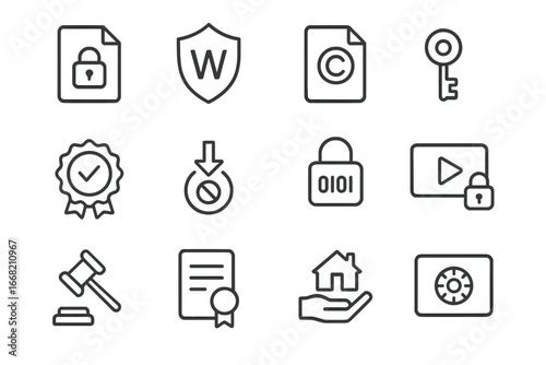 Digital Rights Icons. Outline icon set of digital rights management tools: content lock, watermark shield,