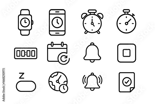Digital Time Icon Set. Outline icon set of digital timekeeping: smartwatch, phone clock, alarm app, timer icon
