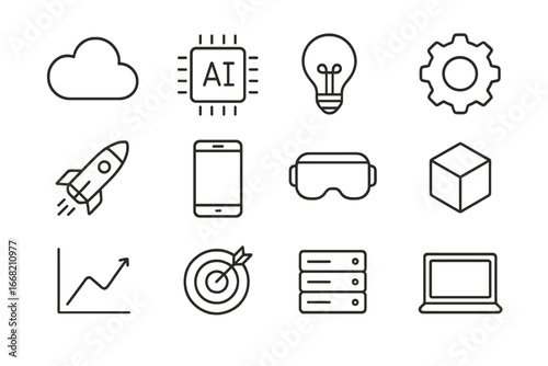 Digital Transformation Icons. Outline icon set of digital transformation in product development: cloud, AI