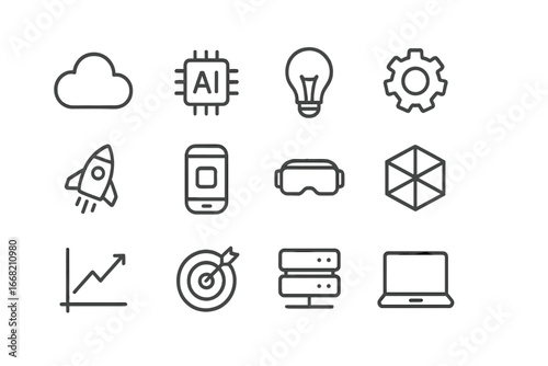 Digital Transformation Icons. Outline icon set of digital transformation in product development: cloud, AI