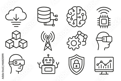 Digital Transformation Icons. Outline icon set of digital transformation: cloud computing, big data, AI, IoT,