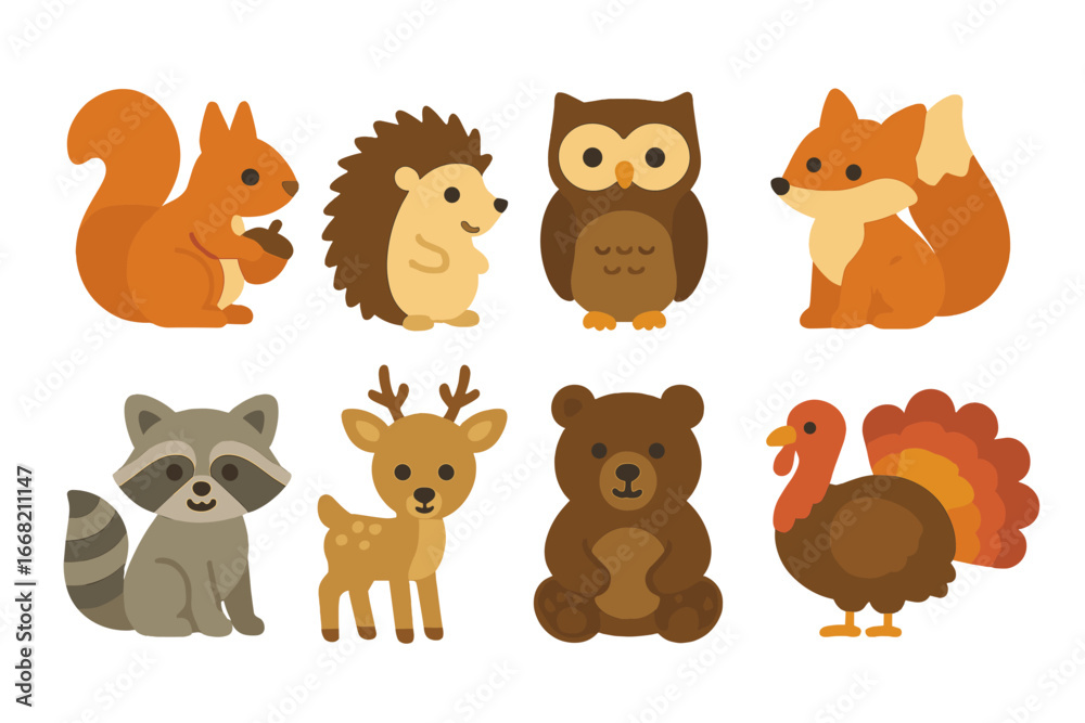 Fototapeta premium Autumn Forest Animal Icons. Flat vector mini-illustrations Autumn forest animals in colors children's