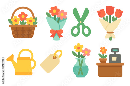 Children's Flower Shop Icons. Flat vector mini-illustrations Flower shop in colors children's illustrations: