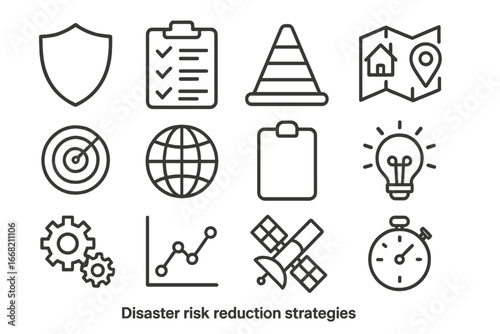 Disaster Strategy Icons. Outline icon set of disaster risk reduction strategies: shield, checklist, hazard
