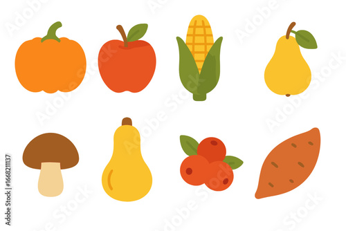 Autumn Harvest Icons. Flat vector mini-illustrations Autumn harvest foods in colors children's illustrations: