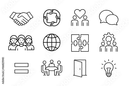 Diverse Team Icons. Outline icon set of diverse and inclusive teams: handshake, group circle, heart icon,