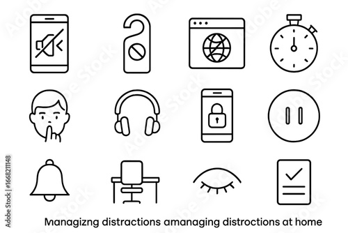 Distraction Management Icons. Outline icon set of managing distractions at home: mute phone, do not disturb,