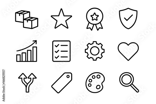 Icons of Diverse Products. Outline icon set of product line diversification: multiple boxes, star, ribbon,