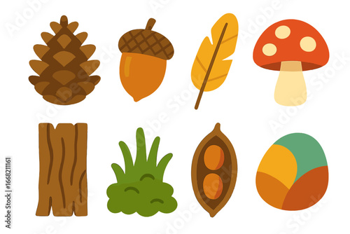 Autumn Nature Icons. Flat vector mini-illustrations Autumn nature findings in colors children's illustrations: