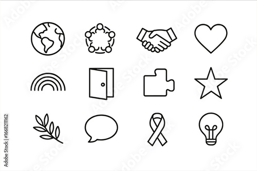 Diversity Icons Grid. Outline icon set of diversity and inclusion at work: globe, group circle, handshake,