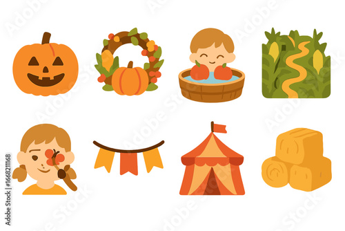 Autumn Festival Icons. Flat vector mini-illustrations Autumn festivals in colors children's illustrations: