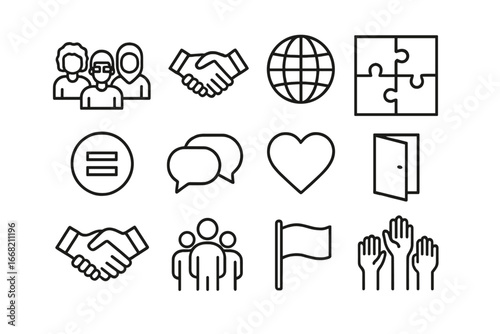 Diversity Icon Set. Outline icon set of workplace diversity and inclusion: group of diverse people, handshake,