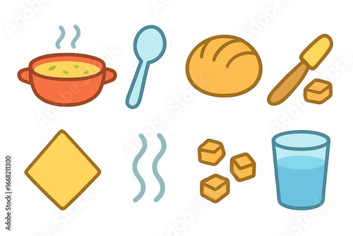 Children's Soup Icons. Flat vector mini-illustrations Table set for soup in colors children's illustrations: