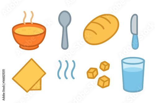 Children's Soup Icons. Flat vector mini-illustrations Table set for soup in colors children's illustrations: