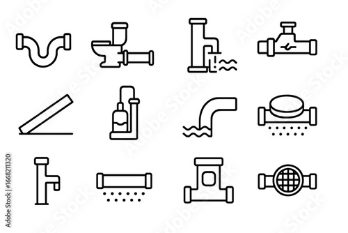 Drainage Icon Set. Outline icon set of drainage and wastewater layout: graywater line, blackwater pipe, sump